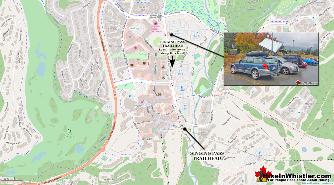 Whistler Parking Map for Singing Pass Russet Lake